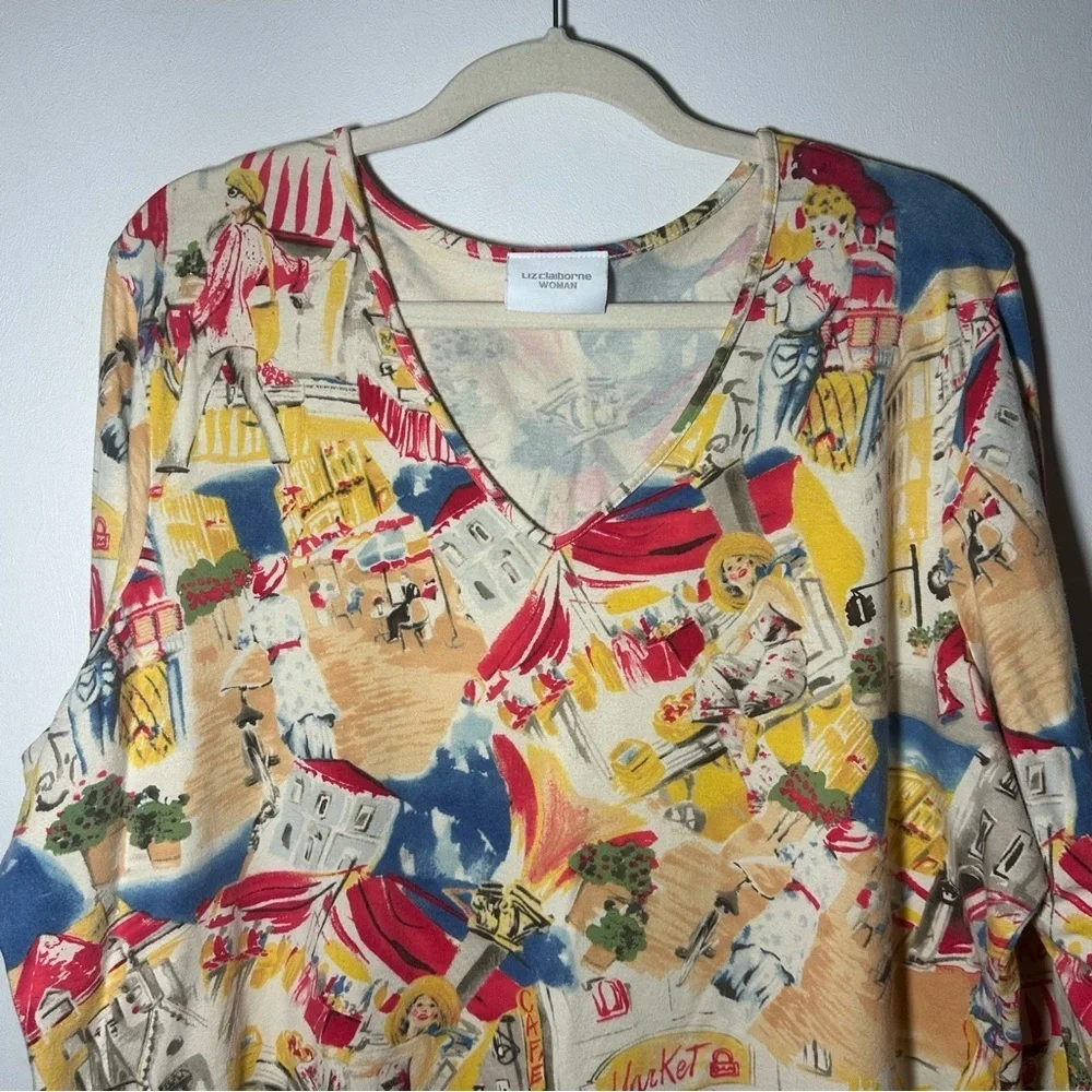 Liz Claiborne Colorful Market Novelty Print Top V Neck Festive